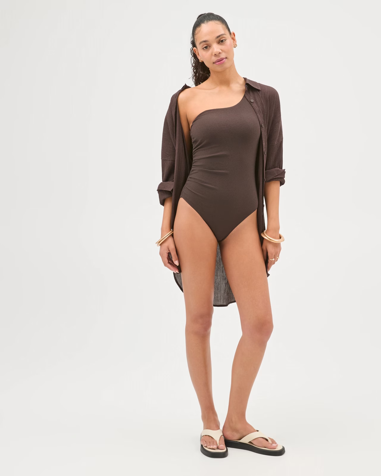 Resort One Shoulder Soft Texture One Piece Swimsuit - Cocoa | Target AU