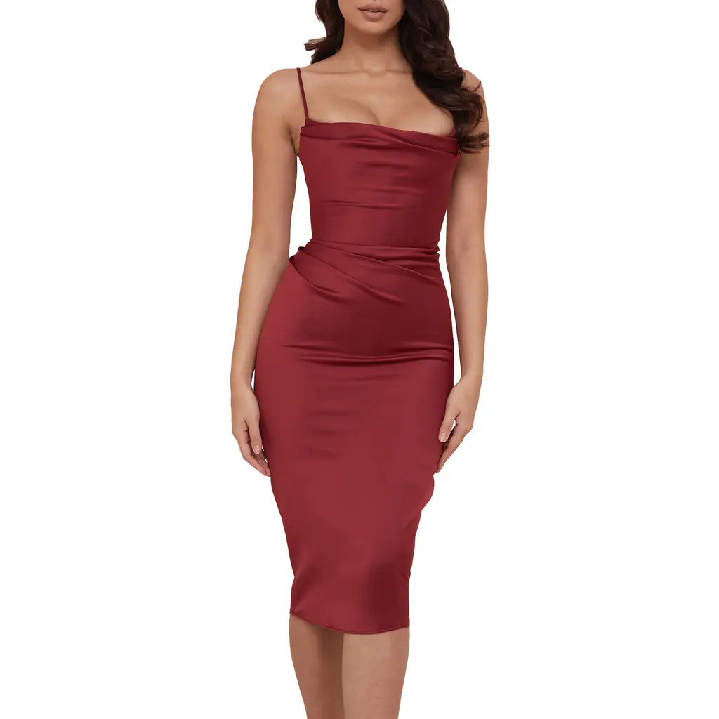 HOUSE OF CB Anja Satin Corset Midi Dress in Wine at Nordstrom, Size X-Small | Nordstrom