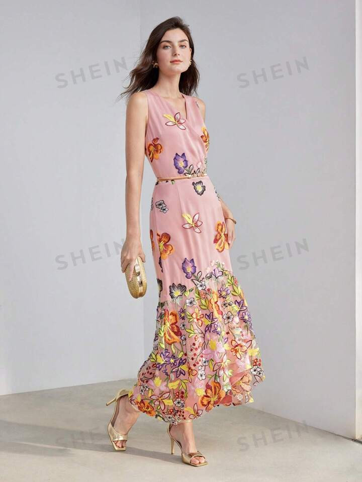MOTF PREMIUM SURPLICE NECK EMBROIDERY FLORAL MESH MERMAID HEM DRESS | SHEIN USA | SHEIN