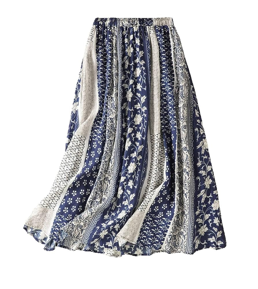 Women's Skirts Boho Floral Printed Ramie Linen Elastic Waist Cotton Lining Vintage Long Maxi Skir... | Amazon (US)