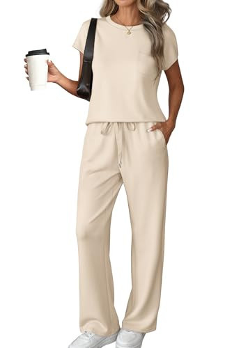 ATHMILE Two Piece Sets for Women Loungewear Set 2 Piece Travel Airport Outfits on Plane Summer Lounge Set Dressy Short Sleeve Beach Vacation Clothes Wide Leg Pants | Amazon (US)