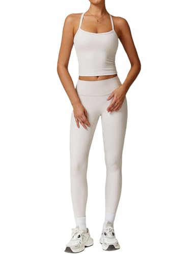 Womens Workout Sets Two Piece Cross Back Tank Top Matching High Waist Leggings Sets Gym Outfits W... | Amazon (US)