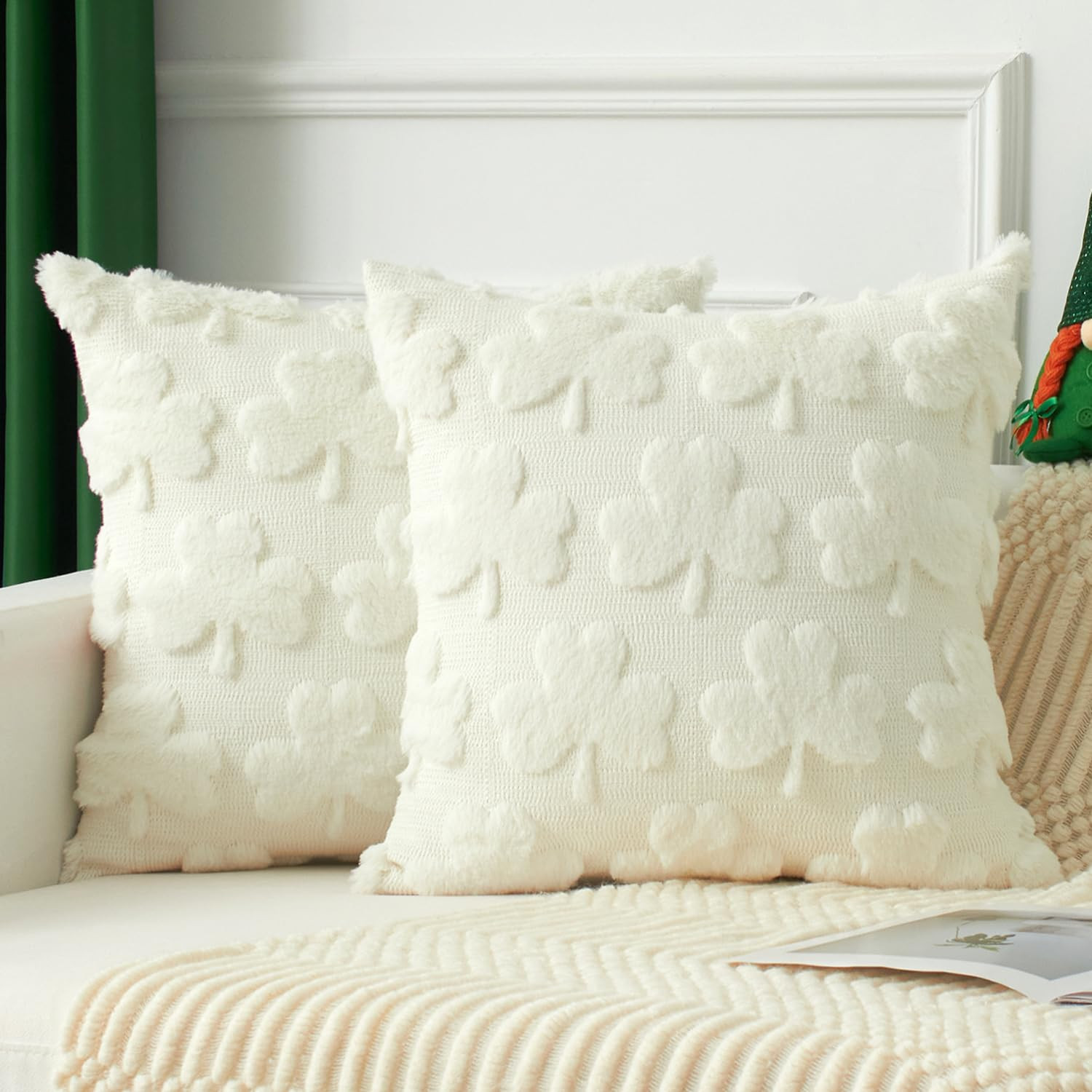 UGASA St Patricks Day Pillow Covers 18x18 Inch Pack of 2 Spring Clover Leaves Pattern Plush Jacqu... | Amazon (US)