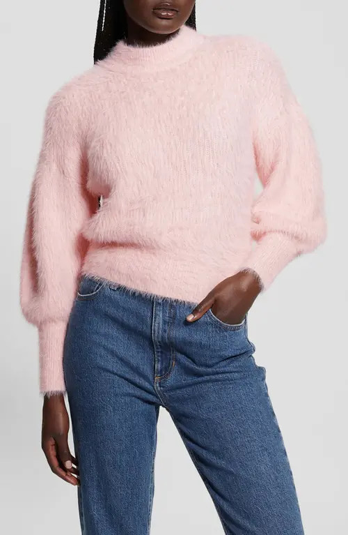 GUESS Keyla Fuzzy Bishop Sleeve Sweater in Pretty Pink at Nordstrom, Size Small | Nordstrom