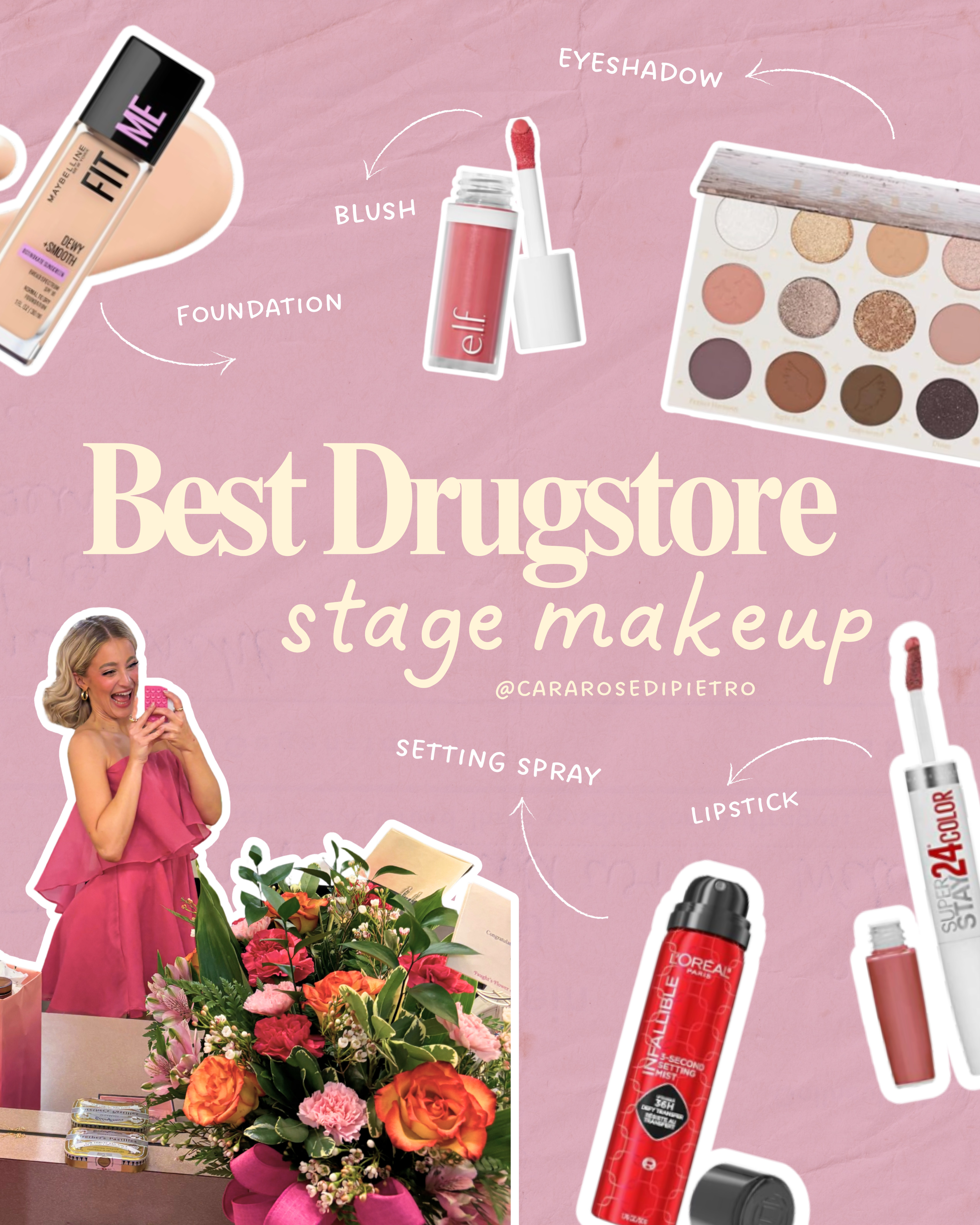 my holy grail drugstore makeup for shows!!🩷🌟