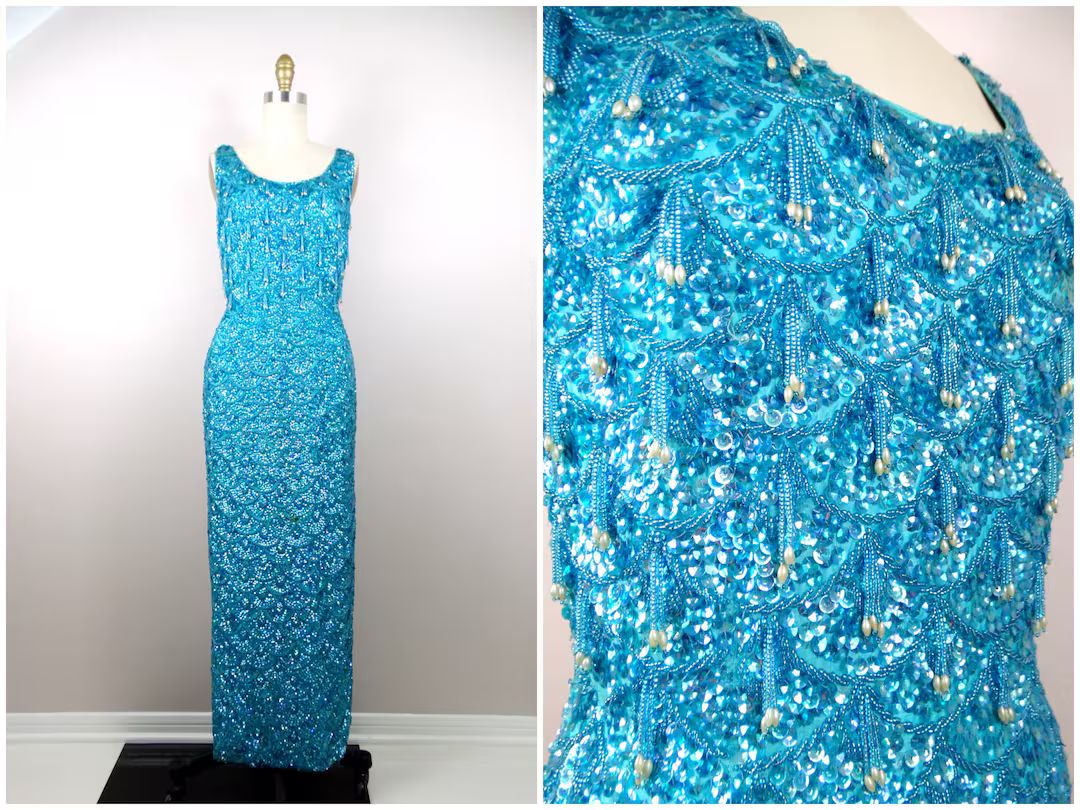 60s Fringe Beaded Bright Turquoise Sequined Bombshell Gown / 1950s 1960s Light Blue Sequin Embell... | Etsy (US)