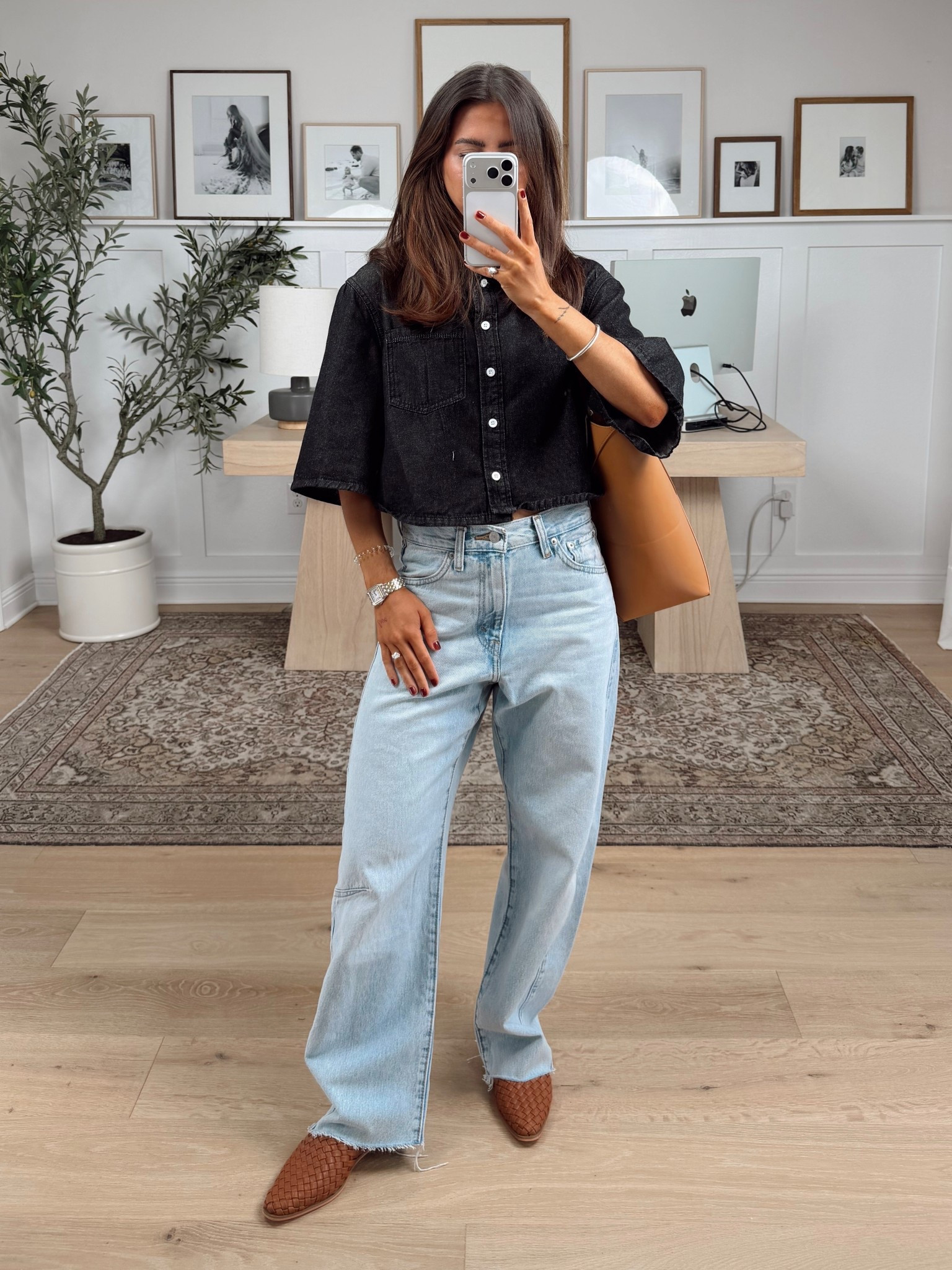 Denim top - m 
Jeans - I sized up one size, wearing 25. Ps. I did have to hem these because I am short, 5’1