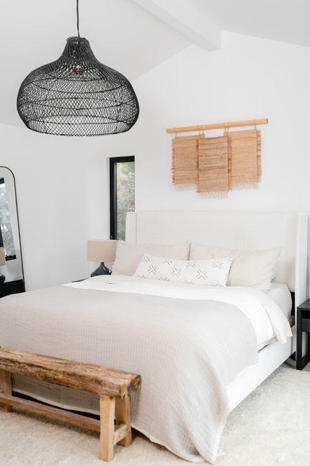 Modern organic primary bedroom. 

Upholstered bed, bedroom decor, bench, vintage wood furniture accents, neutral decor, linen curtain, organic decor, linen bedding, neutral bedding, floor mirror, black nightstand, large woven pendant light, home decor, lamps, table lamps, organic design, fiber art, wall hanging.


#LTKhome