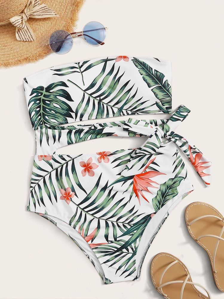 Tropical Bandeau Tie Waist One Piece Swimsuit | SHEIN