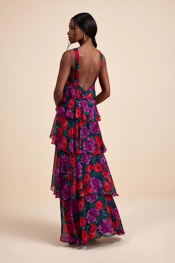 Allegria Navy Floral Clip Dot Tiered Backless Maxi Dress | Lulus