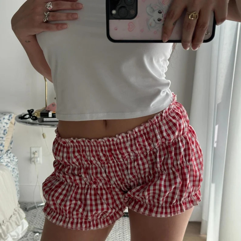 Gingham Shorts Red Plaid Short Ruffle Trim Ruched Milkmaid Cottagecore Micro Shorts Festival Coun... | Etsy (US)