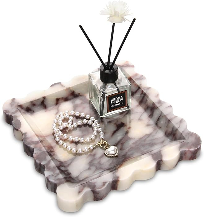Square Marble Decorative Tray with Scalloped Edge,Luxury Natural Calcutta Stone Bathroom Vanity T... | Amazon (US)