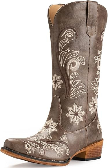 IUV Cowboy Boots For Women Mid Calf Cowgirl Boots Embroidered Pull-On Tabs Snip Toe Boot | Amazon (US)