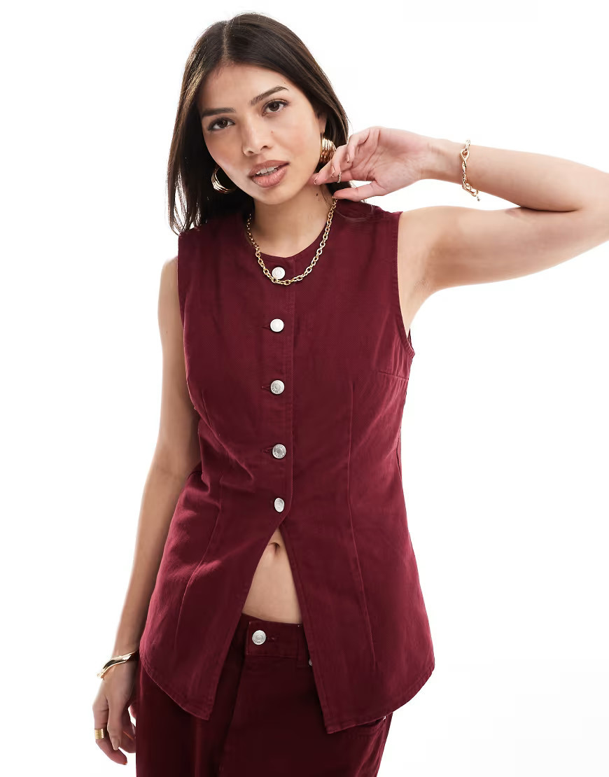 ASOS DESIGN denim split front vest in burgundy-Red | ASOS (Global)