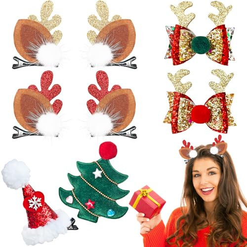 8 Pcs Christmas Hair Clips,Christmas Hair Accessories,Reindeer Antlers Headdress Hairpin Hair Bows Christmas Tree Hat for Girls Women Gifts Party Favors | Amazon (US)