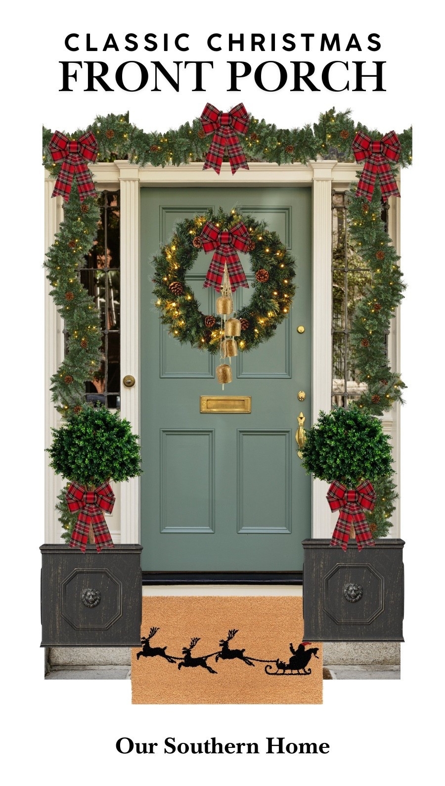 Classic front porch with Ralph Lauren Christmas style complete with ready made plaid ribbon, garland, wreath and bells for hanging from the wreath. 

#LTKHome #LTKHoliday #LTKSeasonal