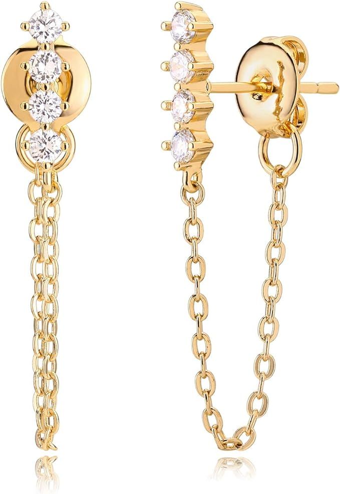 LOYATA Chain Studs Earrings Gold 14K Gold Filled Dainty Cubic Zirconia Dangle Earrings With Chain... | Amazon (US)
