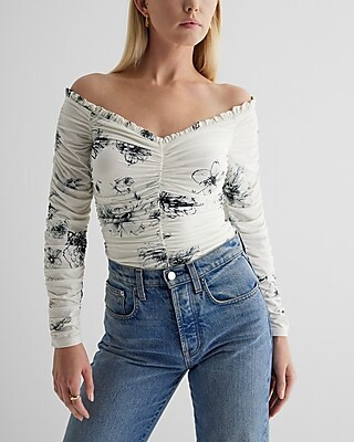 Body Contour Compression Floral Off The Shoulder Thong Bodysuit | Express