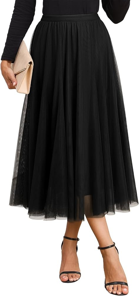 Happy Sailed Womens Tulle Skirt Fall Fashion Elastic High Waisted A-Line Layered Flowy Long Tutu ... | Amazon (US)