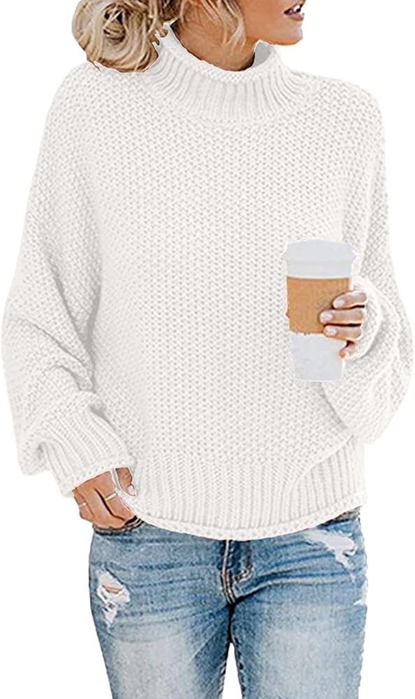 CHERFLY Womens Turtleneck Sweaters Batwing Long Sleeve Pullover Loose Knitted Jumper | Amazon (US)