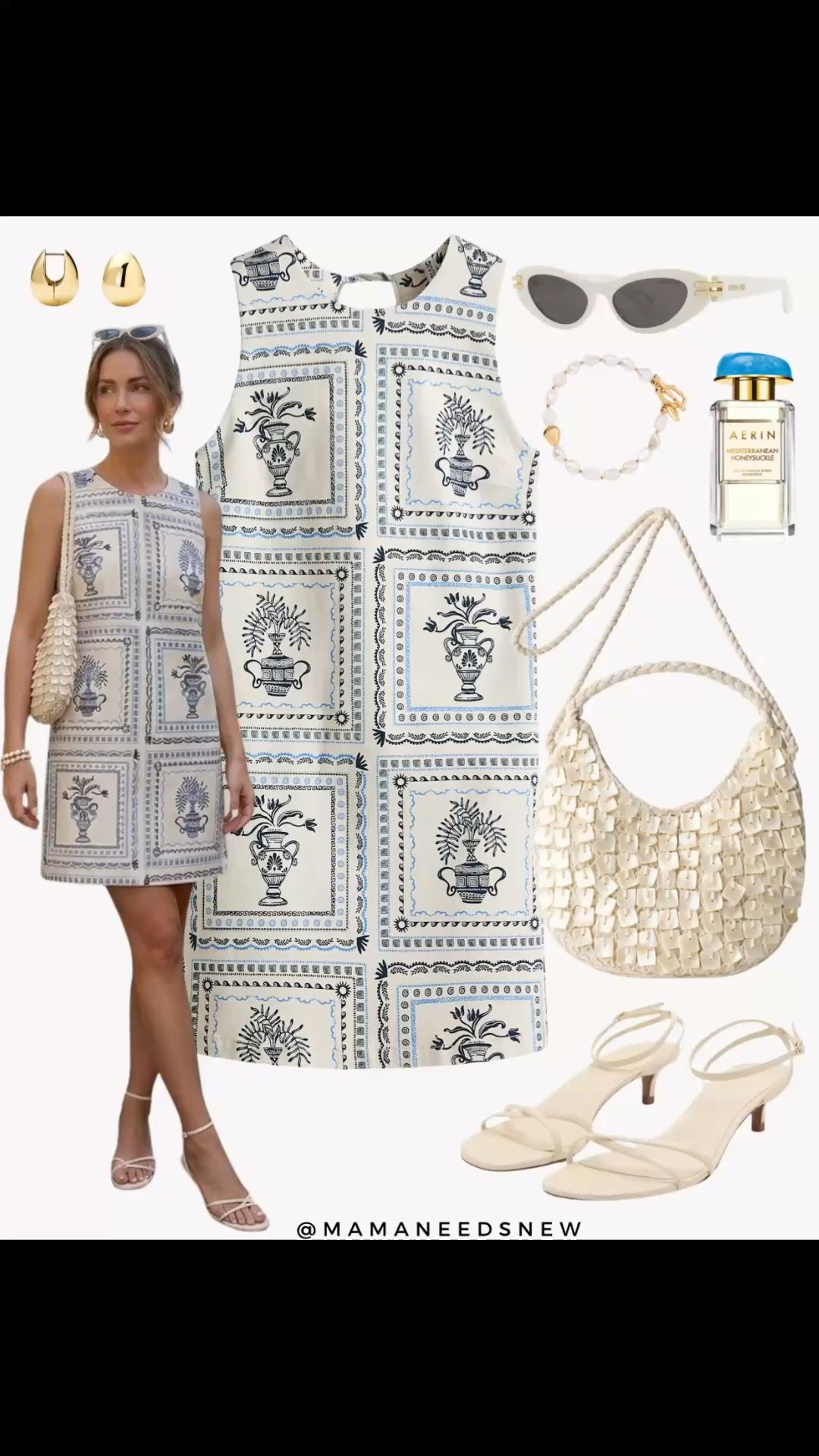 A vacation / summer outfit with a printed open back dress, strappy heels, beaded shoulder bag 🤍💙

#LTKSeasonal #LTKSaleAlert #LTKootd