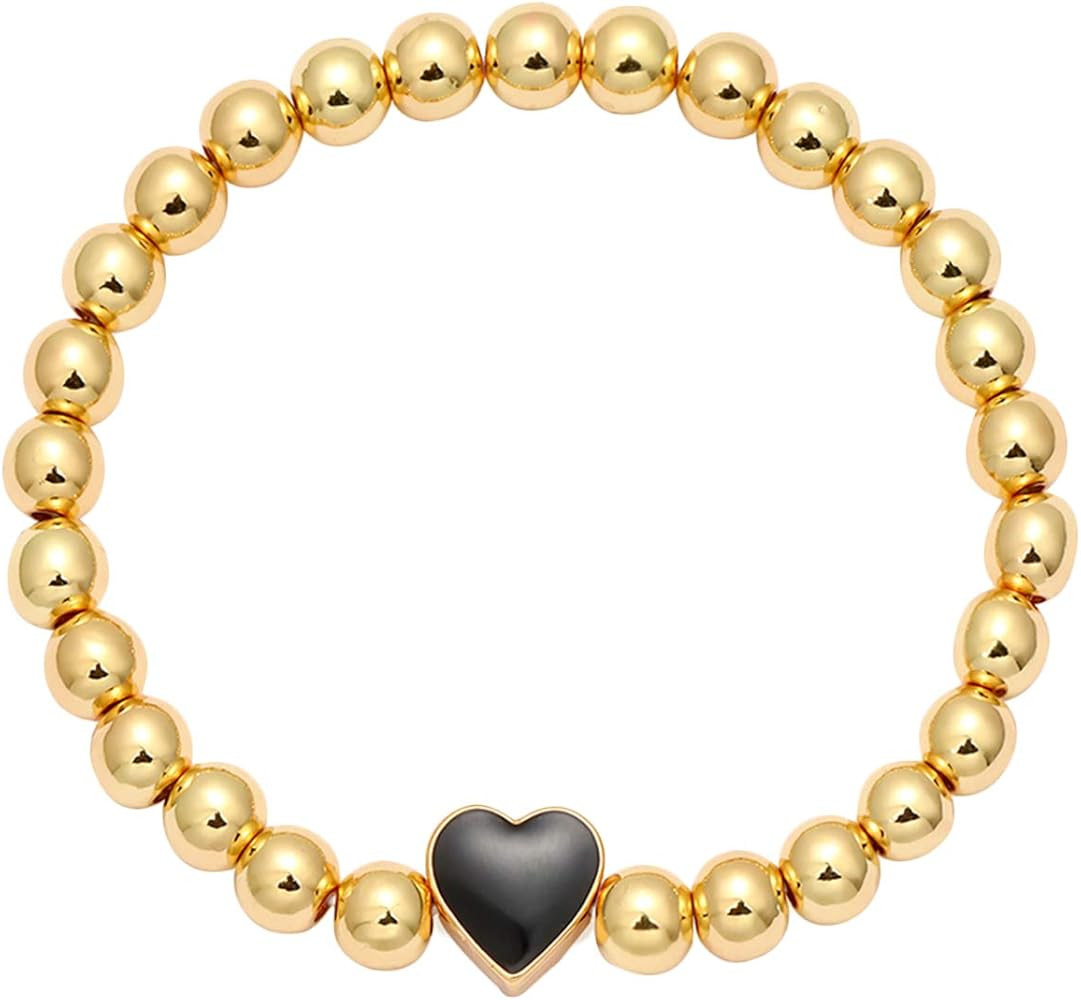 YBMYCM Love Heart Charm Bracelet 6mm Gold Beaded Strech Delicate Bracelet Heart Personalized Brac... | Amazon (US)