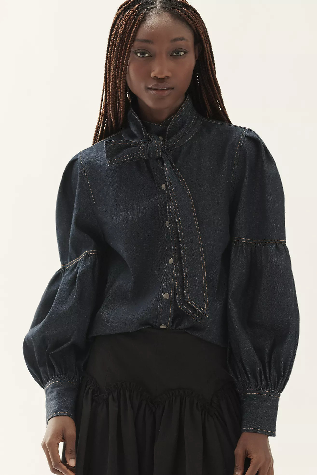 Forever That Girl Long-Sleeve Tie-Neck Denim Buttondown Shirt | Anthropologie (US)