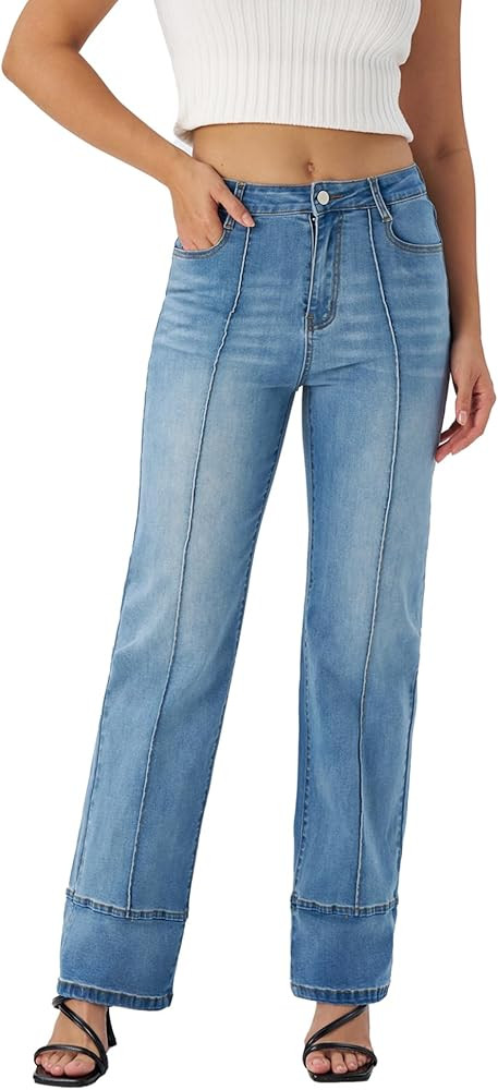 Women's Stretchy High Waisted Straight Leg Jeans Wide Leg Denim Pants | Amazon (US)