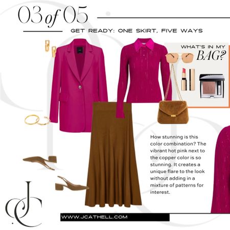 I love this bright pink and sparkling sweater from Saks! The bright pop against this brown skirt is an unexpected color combo! 

Brown skirt, pink blazer, pink shirt, 1 skirt 5 ways 

#LTKshoecrush #LTKstyletip #LTKover40