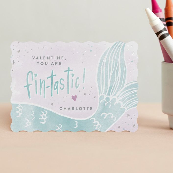 "Fintastic Mermaid" - Customizable Foil Valentine Cards in Green by Pixel and Hank. | Minted