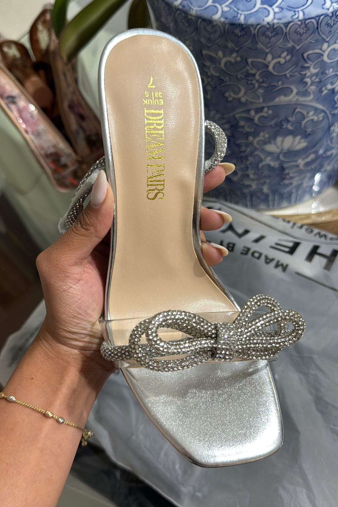 silver sandals 
10/10💖 true to size! Wearing size 7