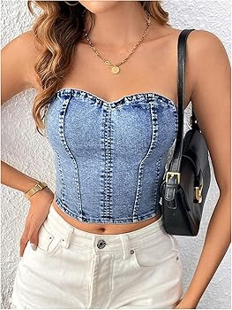 Milumia Women's Strapless Sleeveless Bandeau Denim Crop Top Slim Fit Tube Tops | Amazon (US)