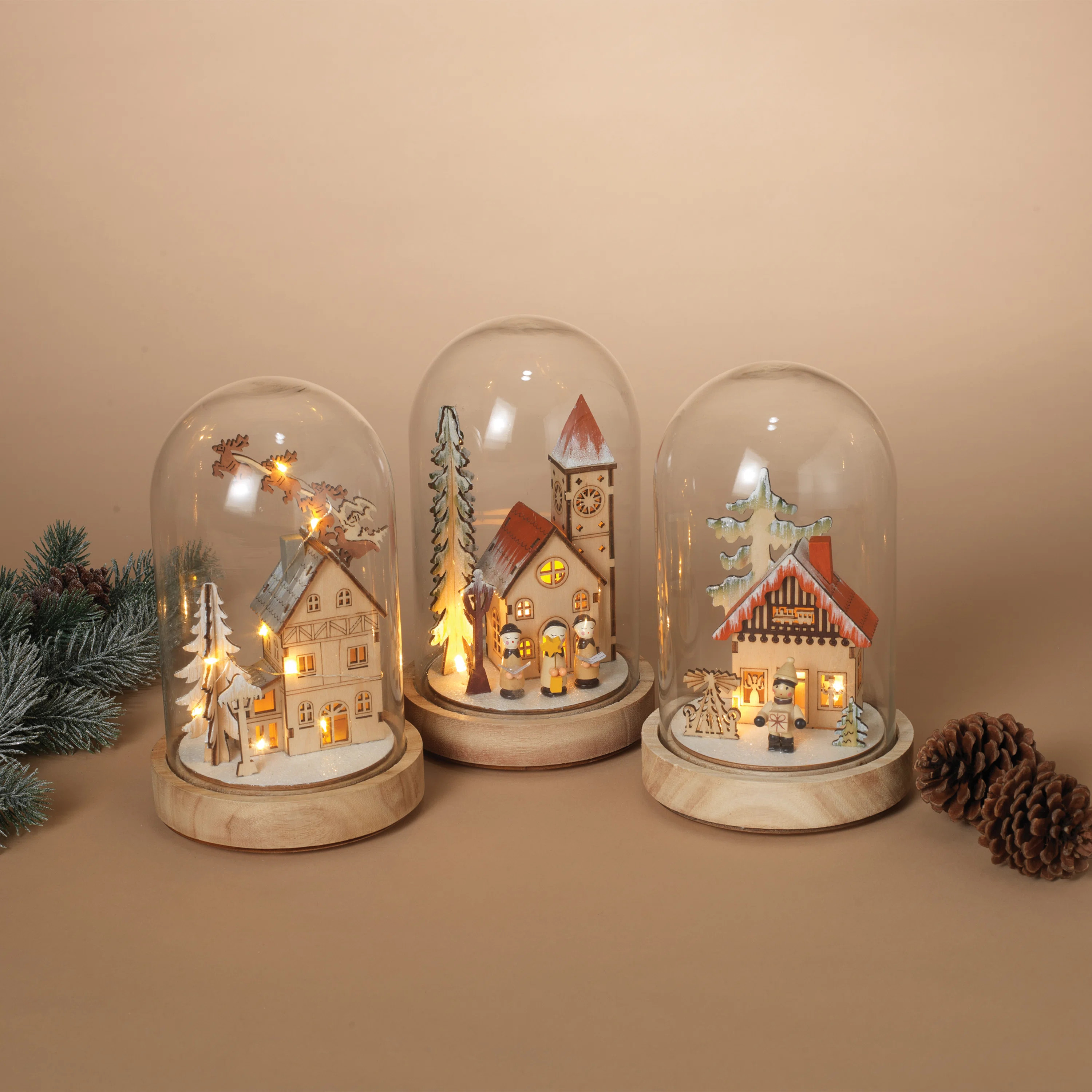 9 In. Illuminating Glass Domed Wood Village Scenes Set Of 3 | Wayfair North America