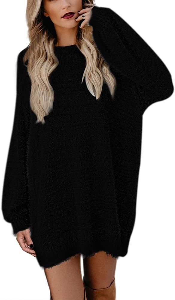 Meenew Women's Furry Crewneck Oversized Loose Long Pullover Sweater Dress | Amazon (US)