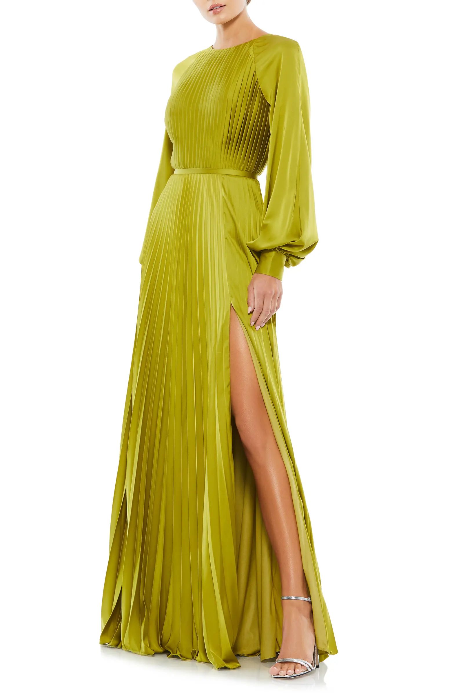 Pleated Long Sleeve Satin A-Line Gown | Nordstrom