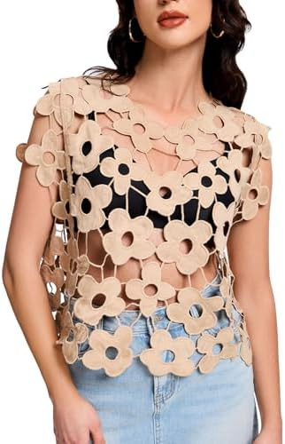 Flygo Hollow Out Floral Lace Crop Top for Women 2025 Trendy Oversized Sleeveless Crochet Vest Cov... | Amazon (US)