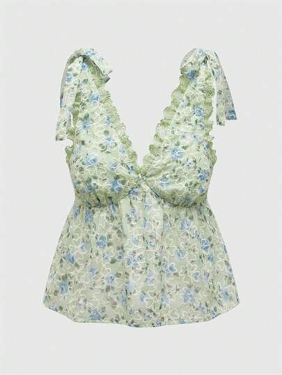 ROMWE Fairycore Women Summer Casual Holiday Lace Patchwork Ditsy Floral Print Tank Top | SHEIN