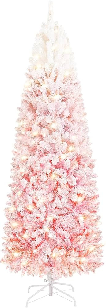 Yaheetech 6ft Pre-lit Snow Flocked Pencil Christmas Tree Fir Hinged Slim Corner Xmas Tree Holiday... | Amazon (US)