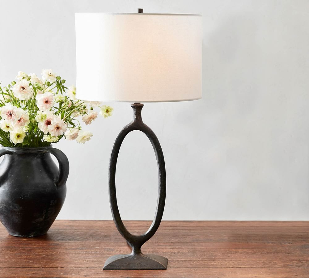 Easton Forged-Iron Oval Table Lamp with Medium Straight Sided Gallery Shade, Antique Brass | Pottery Barn (US)