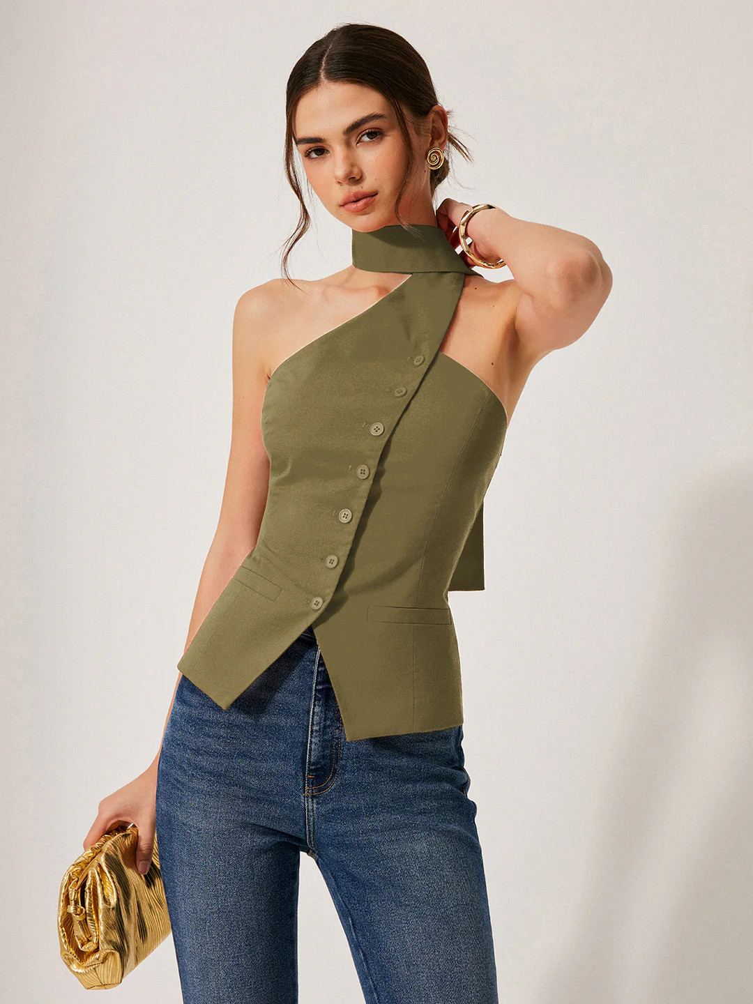 Cotton & Linen Halter Top With Decor Pockets | Commense