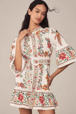 Farm Rio Delicate Forest Scarves Flared-Sleeve Mini Dress | Anthropologie (US)