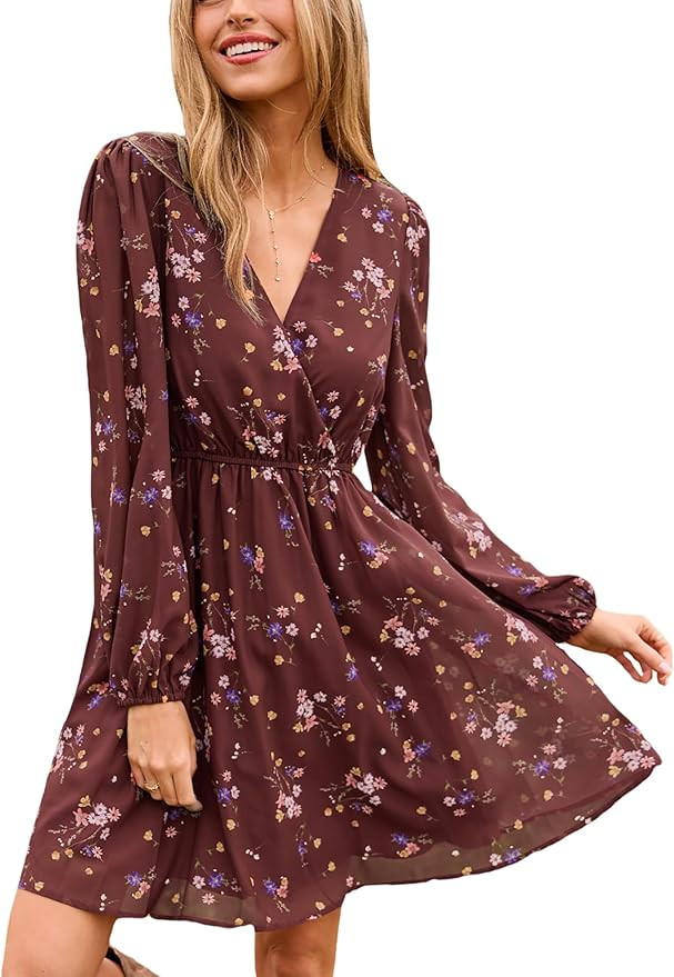 CUPSHE Women's Mini Dresses Casual Spring V Neck Chiffon Long Peasant Sleeves Flowy Summer Dress | Amazon (US)