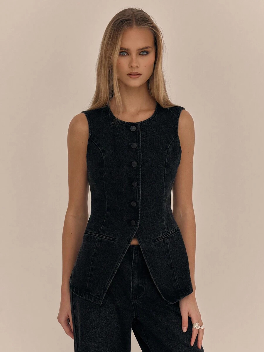 MUSERA Button Up Denim Vest Jacket Spring 90's Y2k | SHEIN