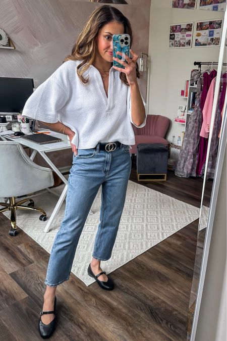 Stretchy polo sweatshirt from Aerie with Abercrombie straight leg jeans + target Mary Jane flats 🤍

Short sleeved sweatshirt // black belt with gold buckle // Abercrombie ankle straight jeans // black ballet flats // gold dainty jewelry 

#LTKfindsunder50 #LTKstyletip #LTKSeasonal