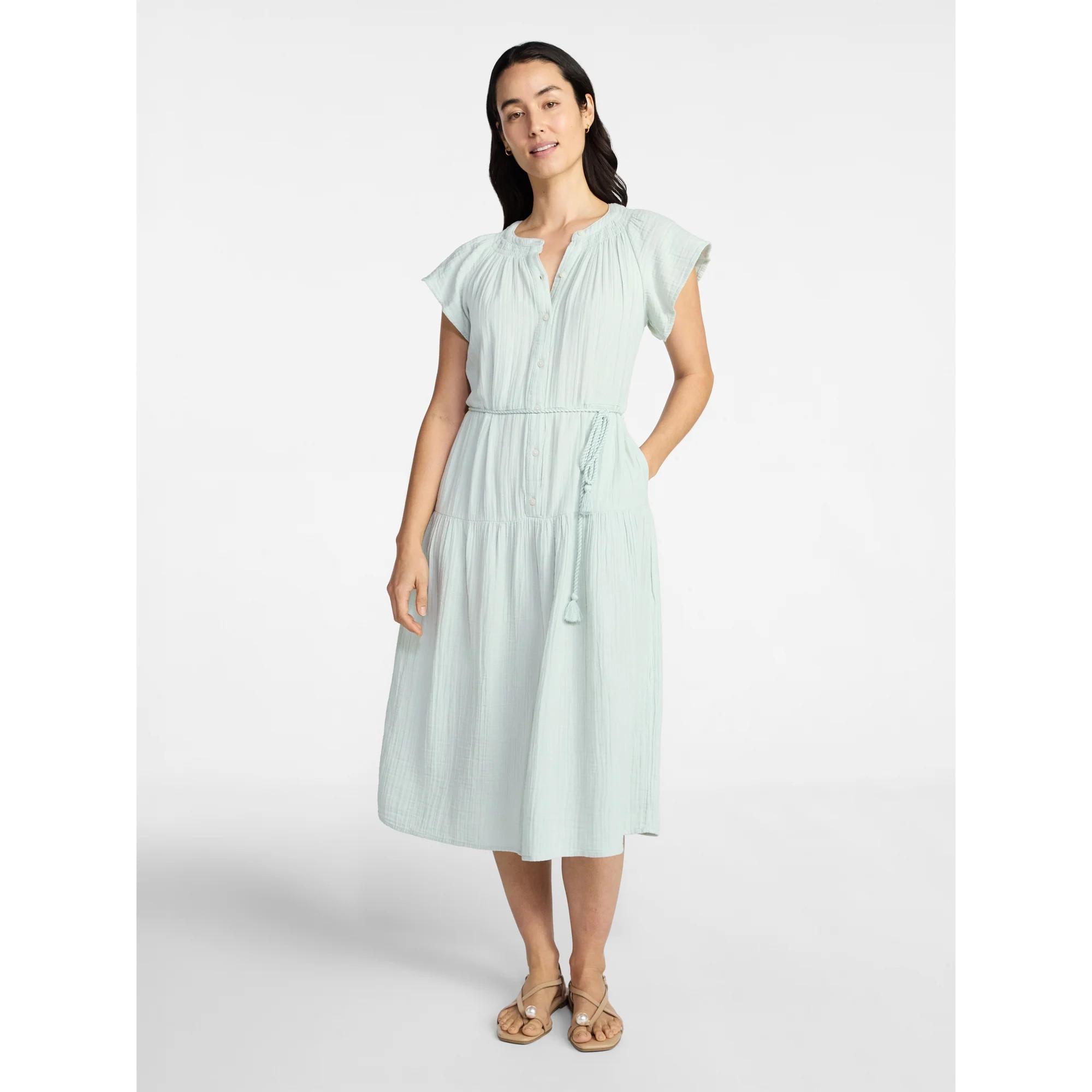 Time and Tru Women's Cotton Double Cloth Midi Dress with Short Flutter Sleeves, Sizes XS-XXXL | Walmart (US)