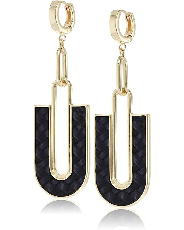 Vince Camuto Gold-Tone Faux Leather Black Woven Huggie Drop Earrings | Amazon (US)