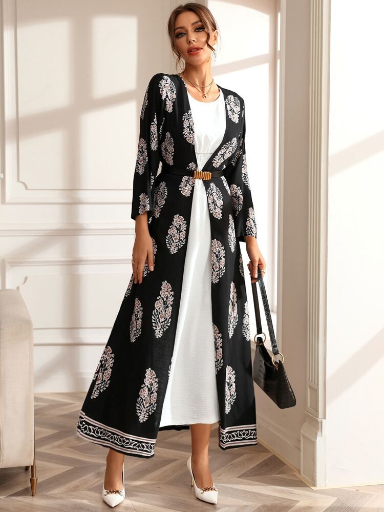 Shirred Waist Dress & Floral Print Coat Without Belt | SHEIN