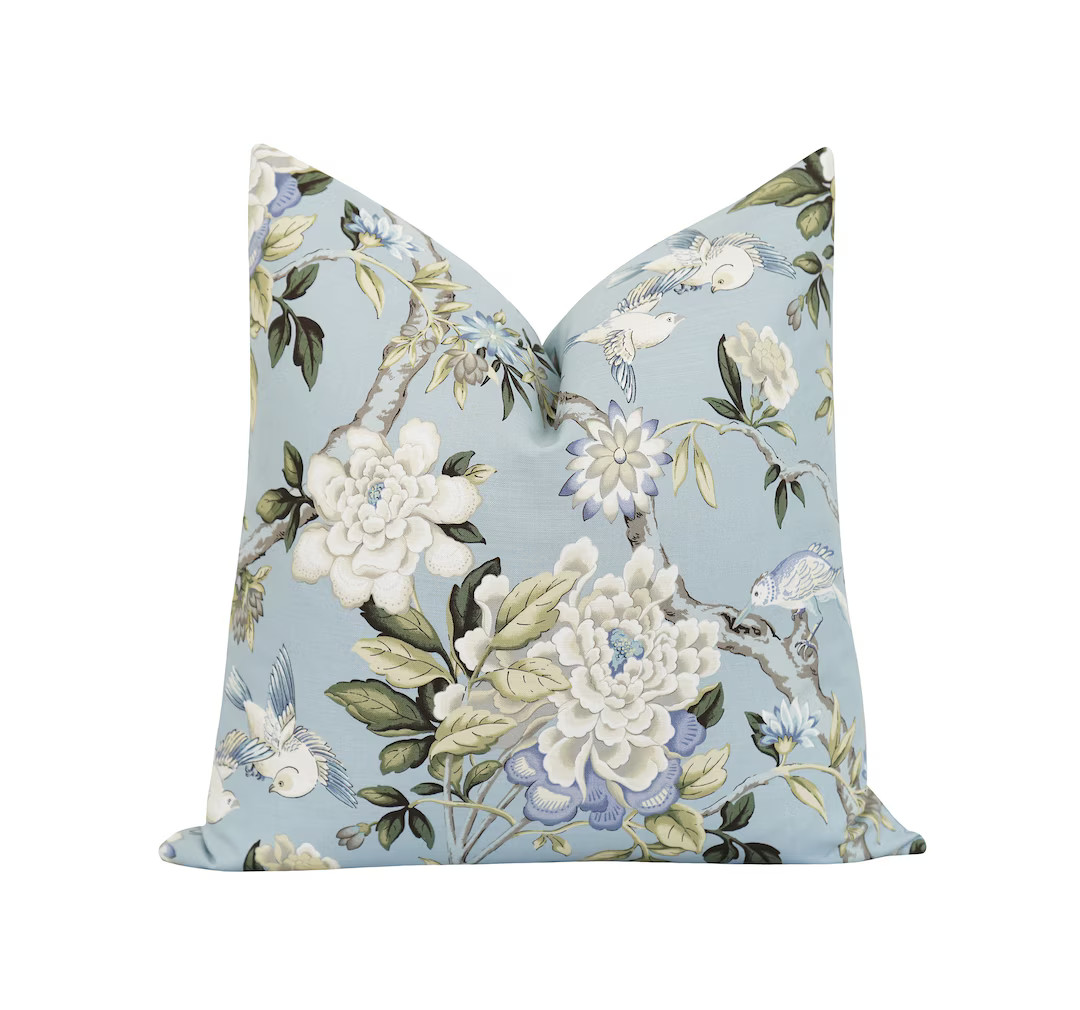 Double Sided Throw Pillow Cover Blue Green Taupe Floral and - Etsy | Etsy (US)