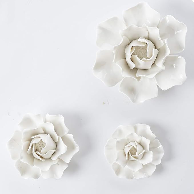 Ceramic Flower Wall Decor, Handmade 3D Porcelain Wall Flowers Decoration, White set of 3, (2.8",3... | Amazon (US)