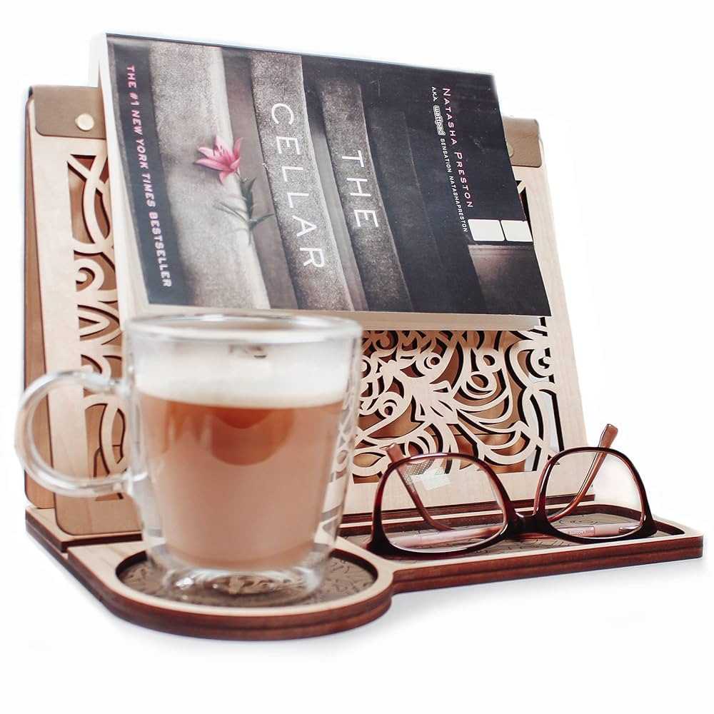 Book Nook Reading Valet Stand with Coffee Cup Mug Glasses Cell Phone Holder, Wood Triangle Book R... | Amazon (US)